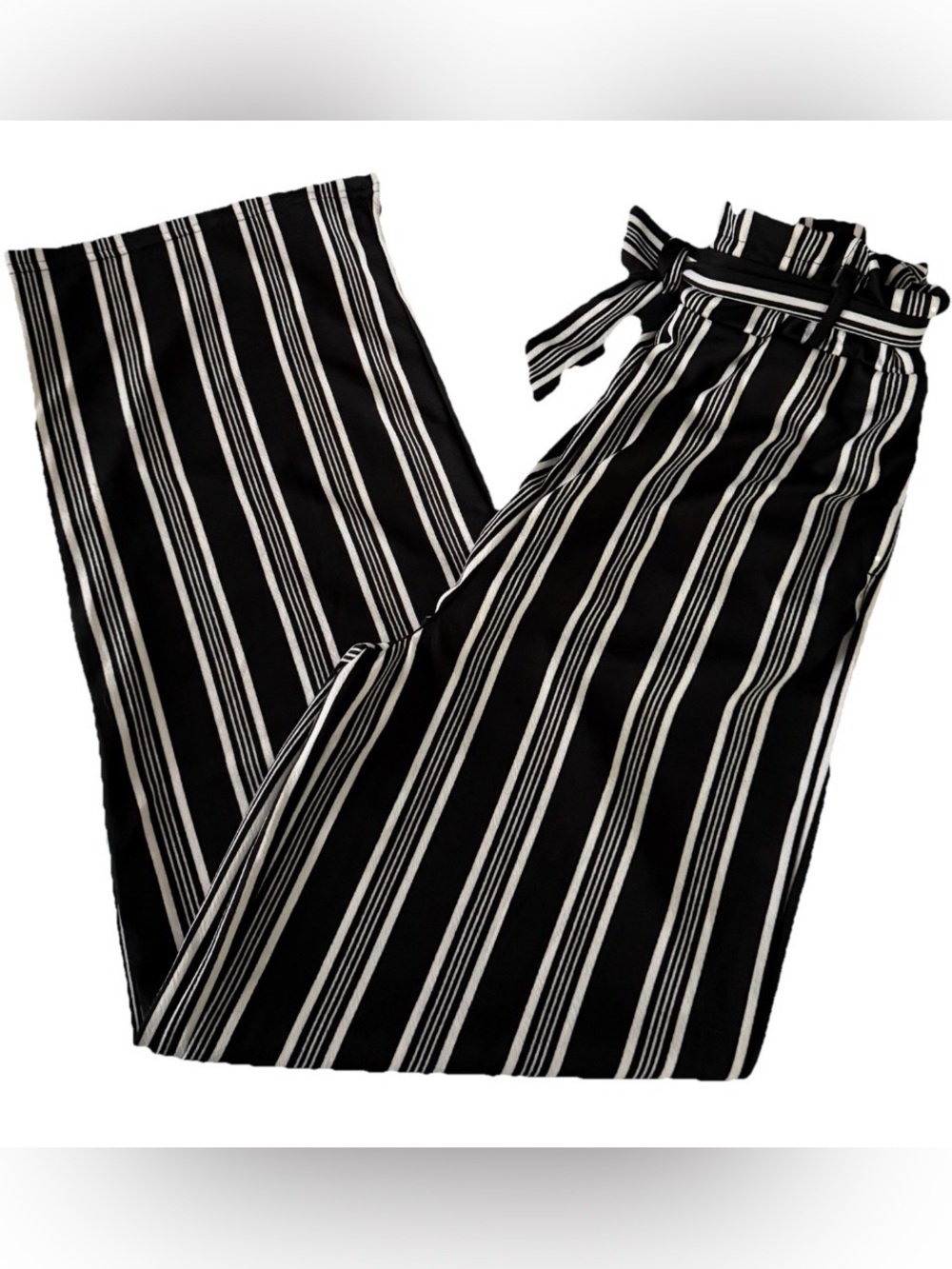 High-Waist Black, Gray & White Striped Wide-Leg Pants